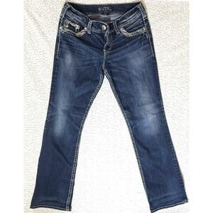 Silver Jeans Co Suki Mid Slim Bootcut Dark Wash Distressed Denim Womens Jeans